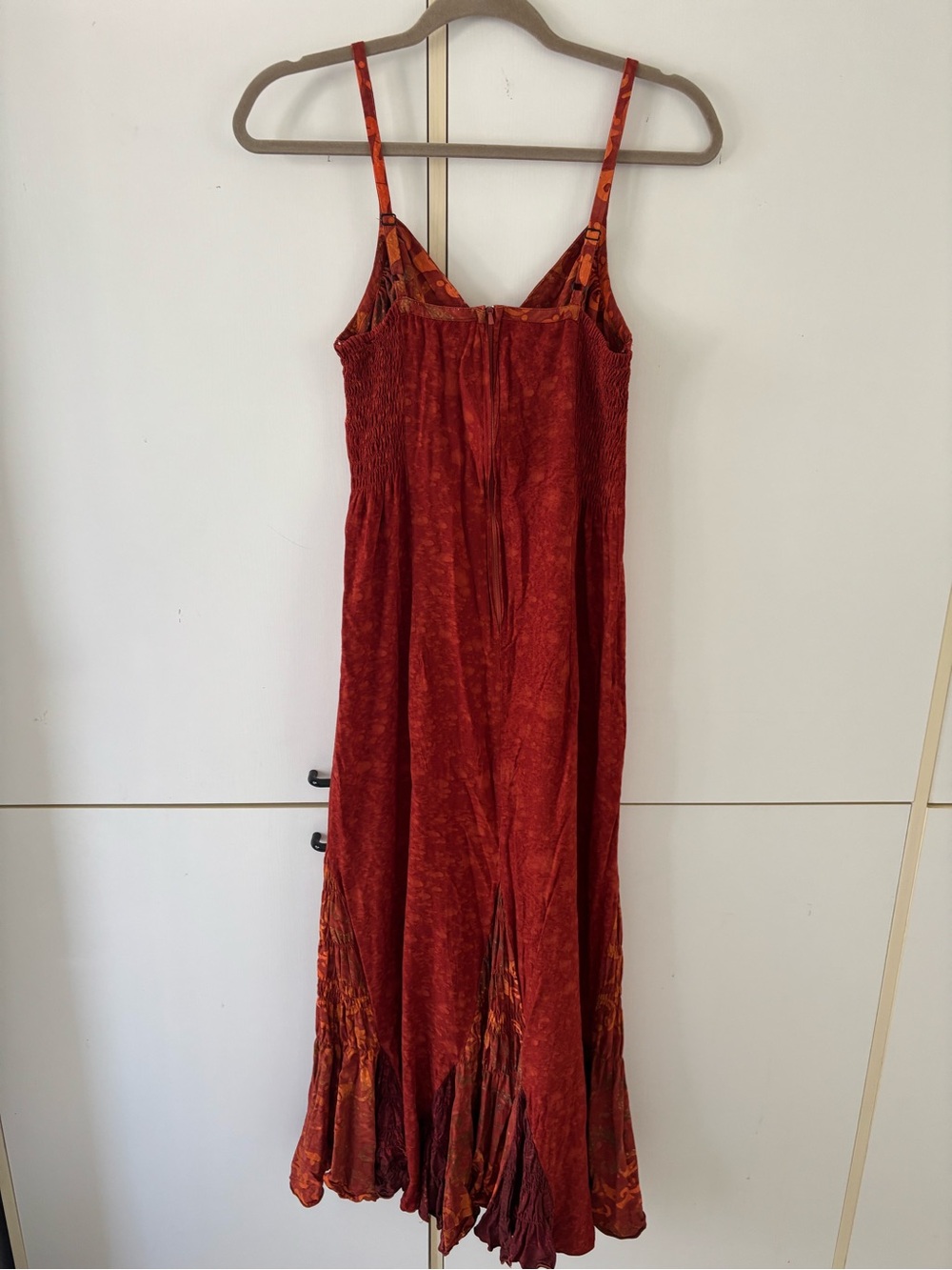 Boho Batik Print Maxi Dress Rust Orange Festival Fairy Grunge Y2K Small Godet - Picture 6 of 14